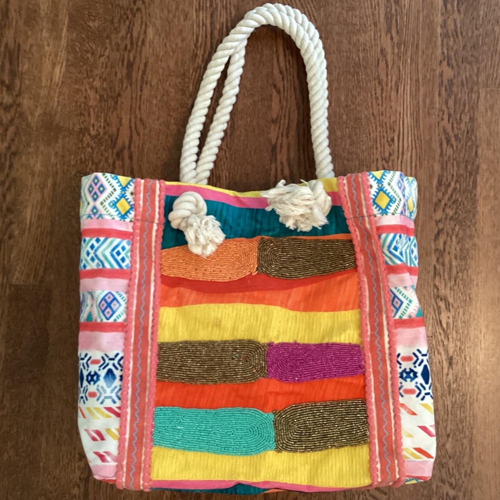 Canvas Beaded Colorful Large Tote Bag Beach/Travel/Shopping Rope Handles